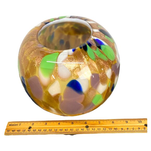 Murano Hand Blown Art Glass Vase 6.25x7" Gold Cased Round Globe Italy - Picture 7 of 8